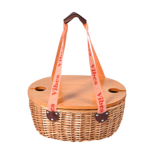 McLaren Vale 2 Person Oval Insulated Wicker Basket with Folding Table – Tan & Peach